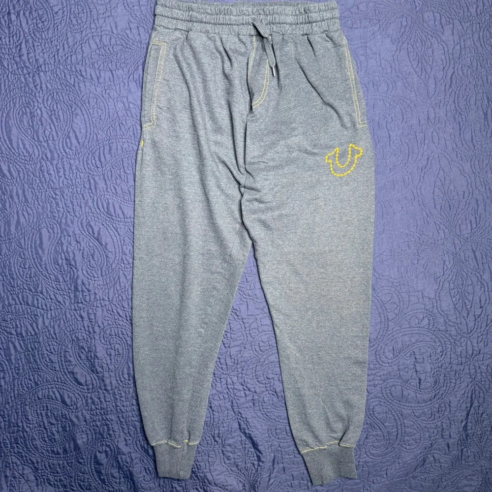 True Religion Mens Lounge Wear Joggers Blue Yellow Contrast Stitch Horseshoe Med